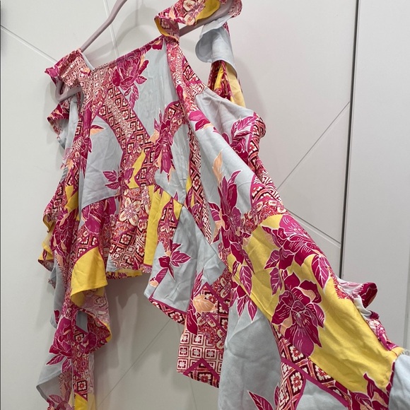 💥 Floral Peplum Wrap Top with Pink and Yellow Accents Women’s Large - Picture 4 of 14